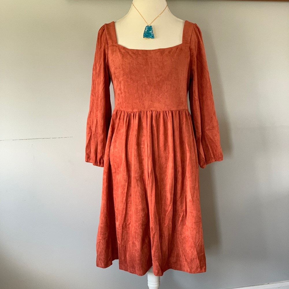 *Host Pick!🎉 Brown Boho Suede Square Neck Mini Swing Dress with Square Neckline - Picture 11 of 15